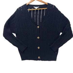 Time and Tru Cardigan Sweater Open Knit Black Crochet look Button Down Sz Small‎